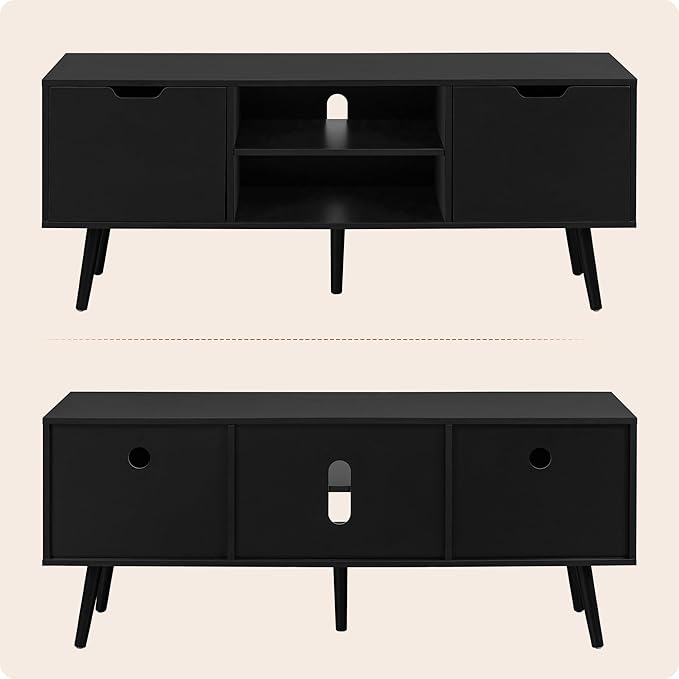 ALINE FURNITURE Black TV Stand for 50 55 60+ inch TVs - Media Console with 2 Cabinets & Open Shelves, Solid Wood Legs - TV Consoles for Living Room - 22" H Entertainment Center for Bedroom