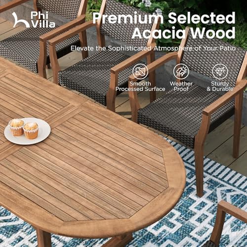PHI VILLA Outdoor Dining Set for 6, Expandable Acacia Wood Table & Chairs