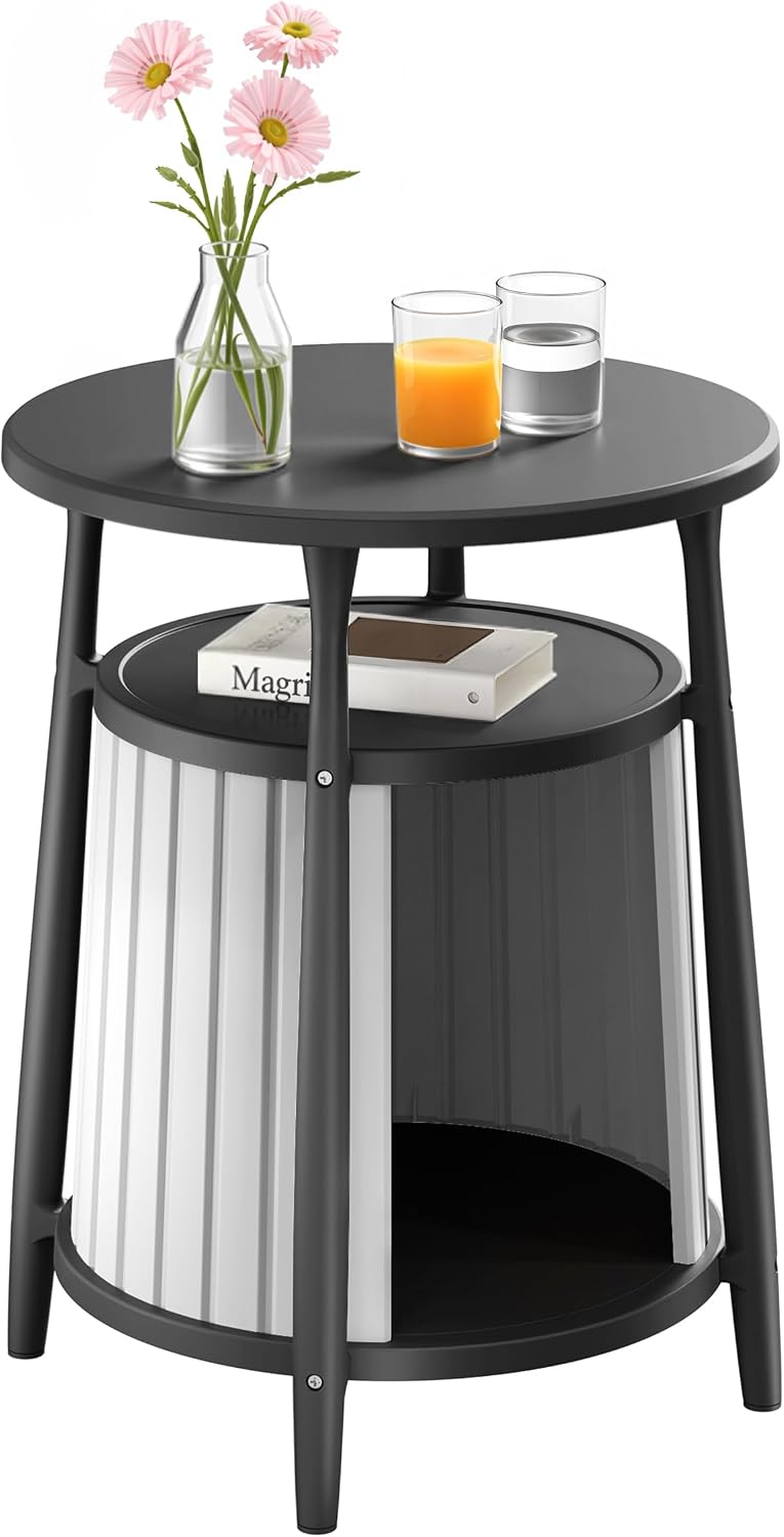 ROJIK End Table with Storage, Round Side Table for Indoor Outdoor Use, All-We...