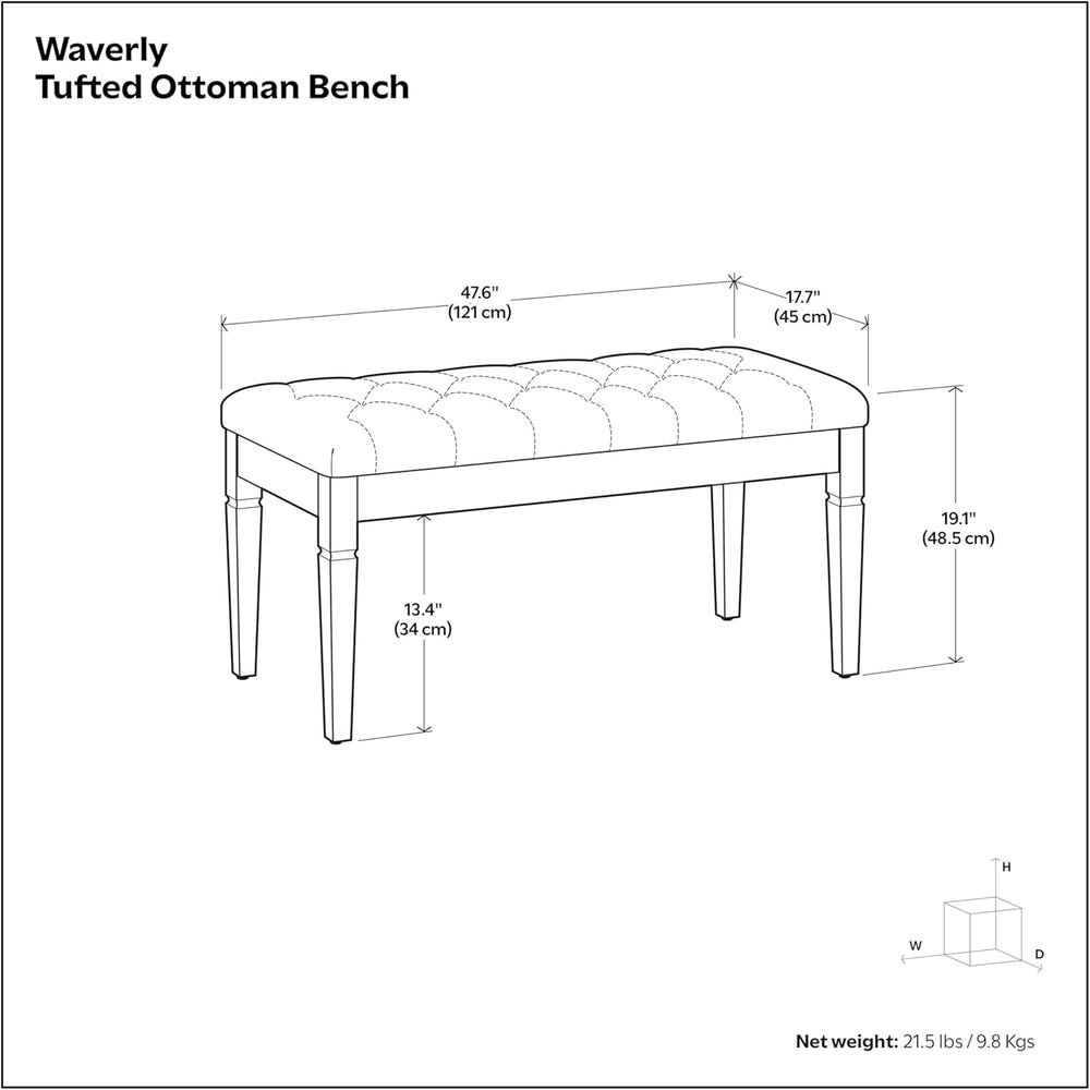 SIMPLIHOME Waverly Tufted Ottoman Bench - 48 inch Wide Upholstered Linen Look...
