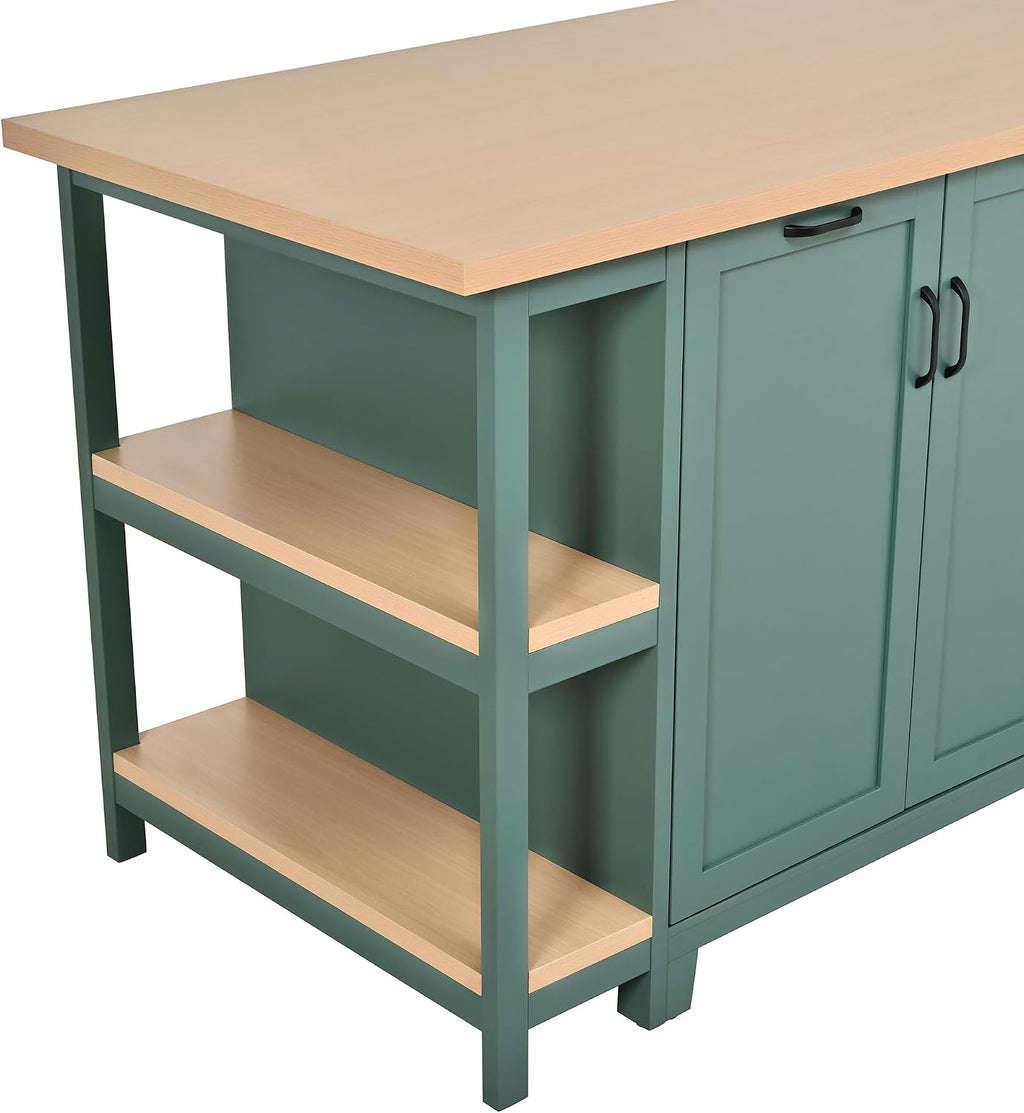 Christopher Knight Home Aaron 58" Kitchen Island with Storage, Modern Island Table for Kitchen, Storage Cabinet with Open Shelves, Wooden Kitchen Prep Table, Coffee Station Cabinet, Green+Natural