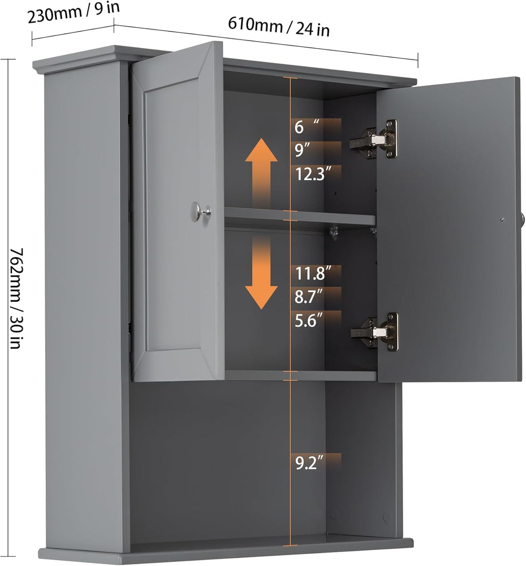 Grey Wall Mounted Bathroom Cabinet 24x30 Inch Wooden Over Toilet Storage Cabinet with 2 Doors, Above Toilet Medicine Cabinets for Bathroom Laundry Room Bedroom Kitchen