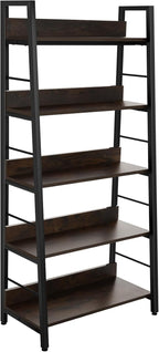 BATHWA 5 Tier Book Shelf, Rustic Industrial Ladder Bookshelf Wood Metal, Dark Brown Farmhouse 28'' Wide 59''Tall Ladder Shelf Living Room, Bedroom, Home Office