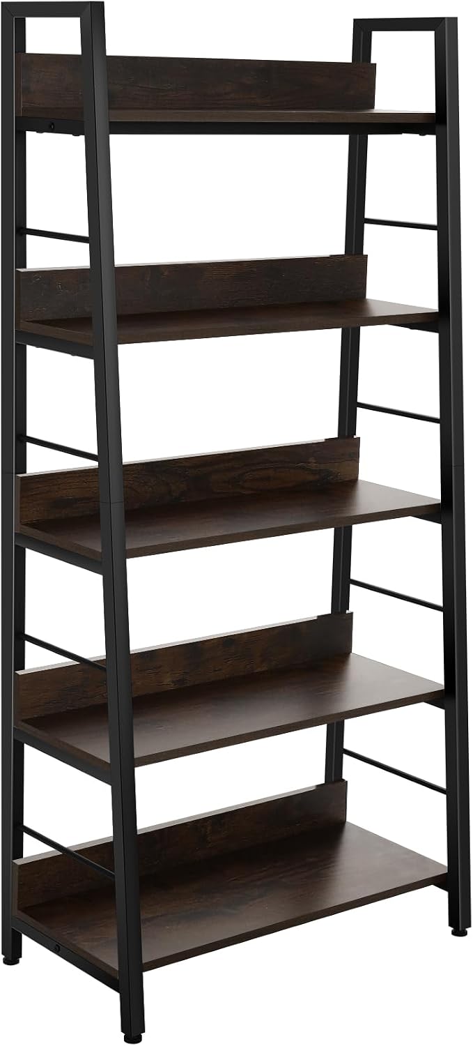 BATHWA 5 Tier Book Shelf, Rustic Industrial Ladder Bookshelf Wood Metal, Dark Brown Farmhouse 28'' Wide 59''Tall Ladder Shelf Living Room, Bedroom, Home Office