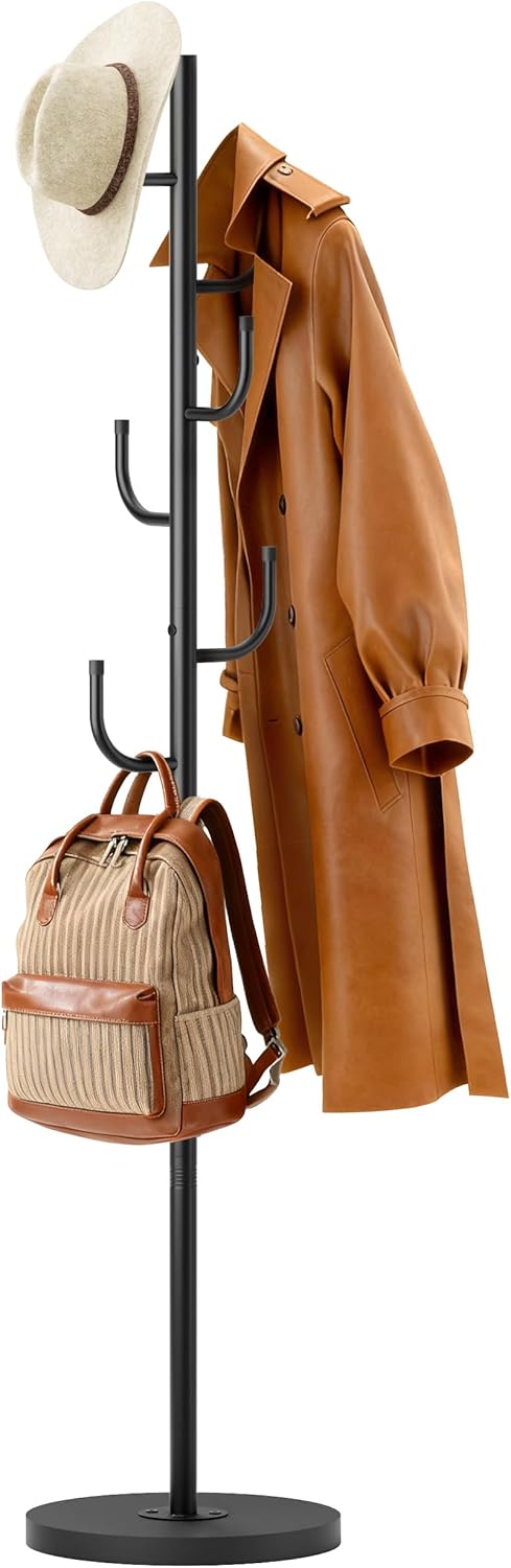 MISSLO Heavy Duty Coat Rack Freestanding with Stable Wood Base Metal Coat Tree Adjustable Coats Hanger Stand with 6 Hooks Clothes Tree for Jackets, Hats, Bags Standing Purse Rack for Bedroom, Office