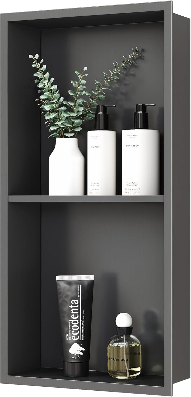 Stainless Steel Shower Niche 24" X 12", No Tile Needed Wall Niche Double Shelves, Recessed Shower Shelf for Bathroom Storage, Gun Metal