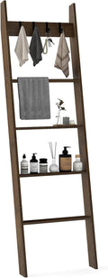 GOFLAME 5-Tier Blanket Ladder, 58.5” Bamboo Decorative Ladder Shelf with 4 Removable Hooks and 4 Deep Rungs, Wall Leaning Farmhouse Quilt Rack Holder for Living Room, Bedroom, Bathroom