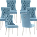 Mid Century Modern Dining Chairs Set of 6, Velvet Upholstered Kitchen & Dining Room Chairs with Nailhead Trim & Brushed Silver Metal Legs, Tufted Kitchen Chairs, Sillas De Comedor (Sky Blue, 6 Pcs)
