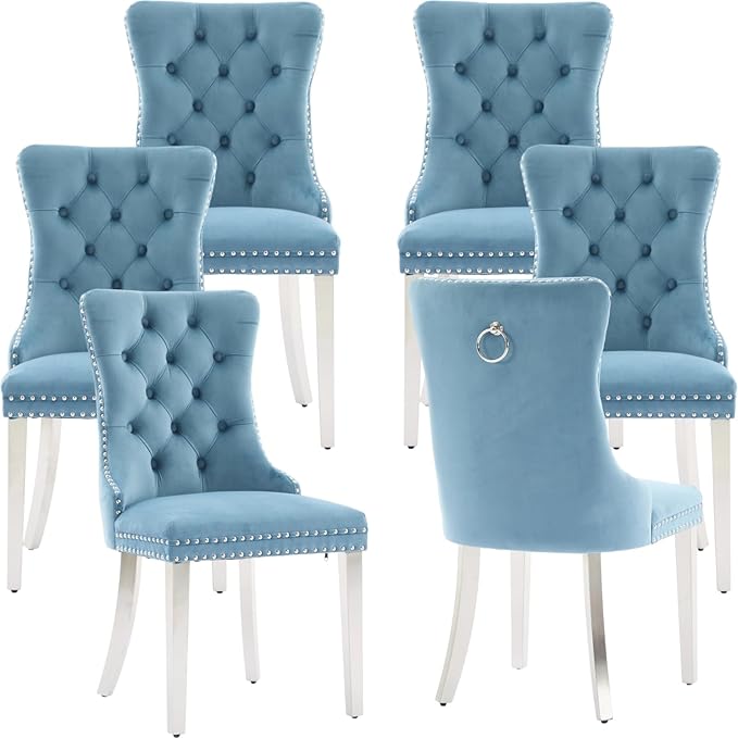 Mid Century Modern Dining Chairs Set of 6, Velvet Upholstered Kitchen & Dining Room Chairs with Nailhead Trim & Brushed Silver Metal Legs, Tufted Kitchen Chairs, Sillas De Comedor (Sky Blue, 6 Pcs)