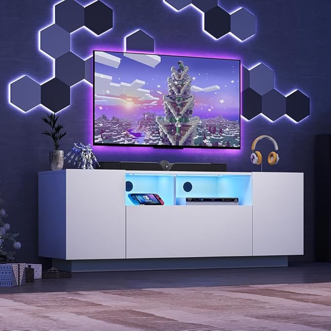 WLIVE TV Stand with LED Lights & Large Storage Cabinet, Modern Entertainment Center for 32/43/50/55 Inch TVs, Sturdy Media Console for Living Room, Bedroom, Gaming, White