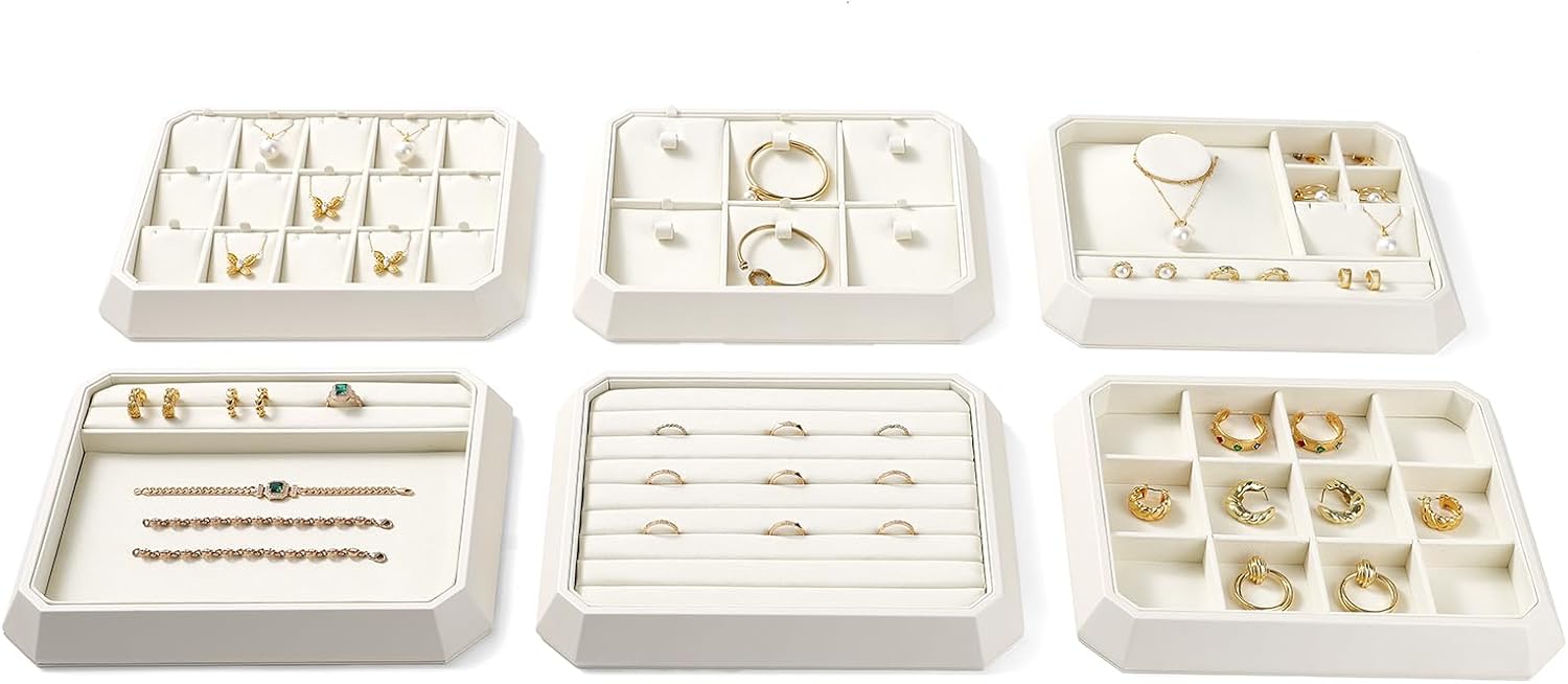 Premium PU Leather Stackable Jewelry Ring Display Tray Ring Earring Display Holder Organizer Showcase(Beige)
