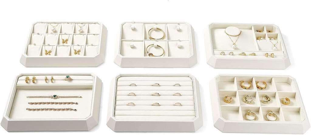 PU Leather Jewelry Display Tray Stackable Jewelry Tray Flat Organizer for Ring Necklace Trade showcase(Beige)