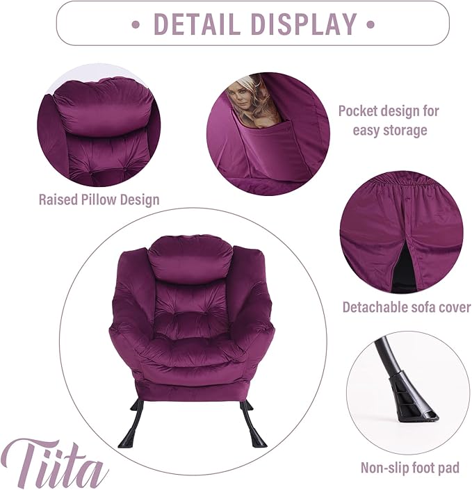 Tiita Lazy Chair with Ottoman, Modern Large Accent Lounge Armchair, Comfy Leisure Sofa Reading Chair with Footrest for Bedroom, Living Room, Dorm Rooms, Garden and Courtyard, Velvet Dark Purple