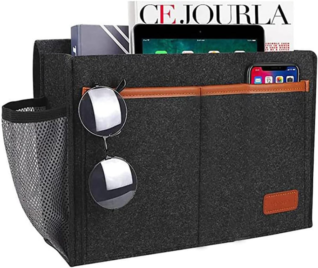 Bedside Caddy,Felt Bedside Storage Organizer, Hanging Storage for Dorm Bed Sofa for tablet Magazine Phone Remotes and Water Bottle Holder (Black)