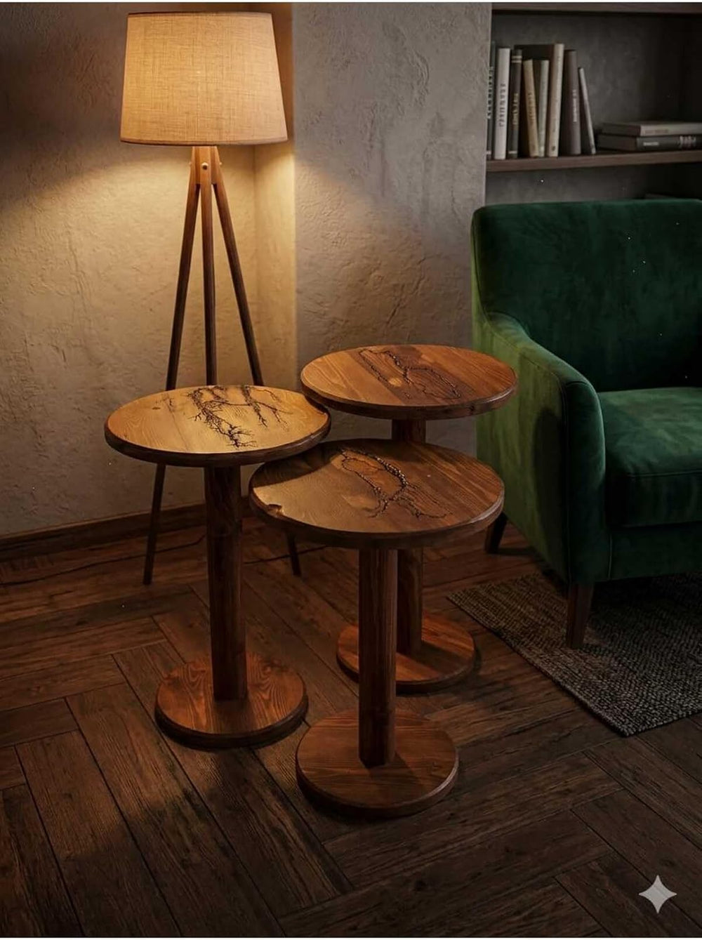 SODEF Handmade Round Walnut Wood Side Table Set, 3-Piece Nesting Tables, Wood...