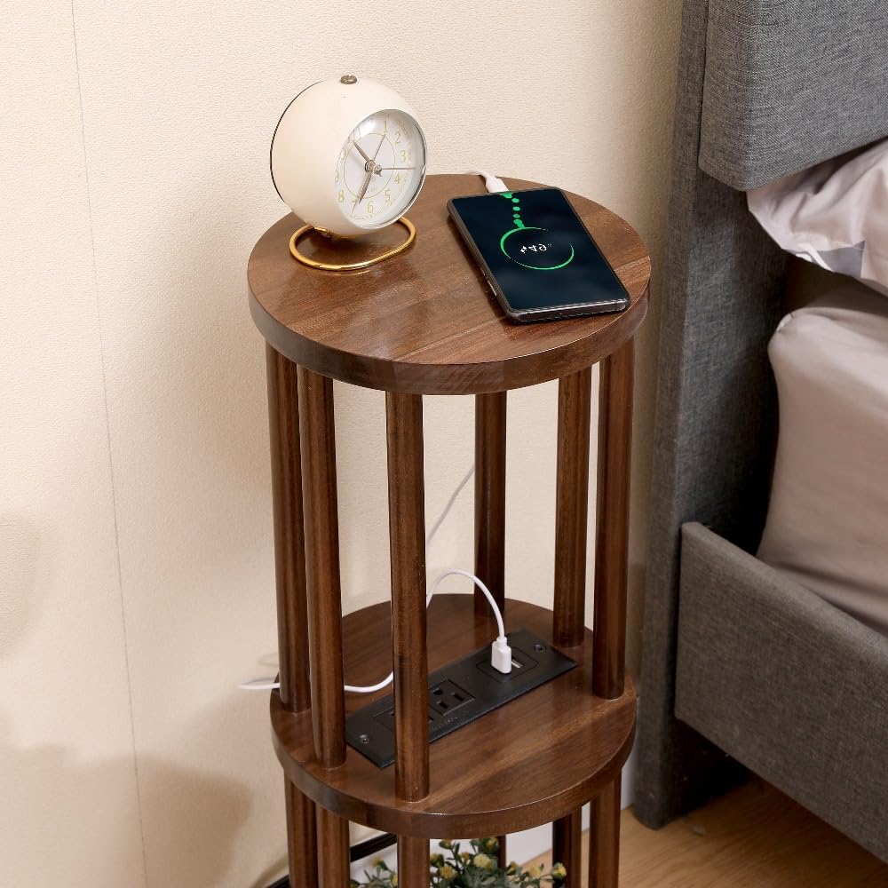 9 x25 Fully Assembled Walnut Wood Round Drink Table with Charging Station, Mi...