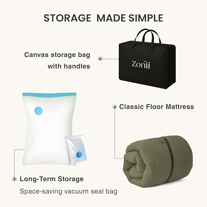 ZonLi Japanese Floor Futon Mattress Twin Size 39"x 80",100% Cotton 2.5'' Thicken Tatami Mattress,Foldable Sleeping Pad,Portable Dormitory Tatami Mat,Roll Up Floor Lounger Bed for Adult (Winter Moss)