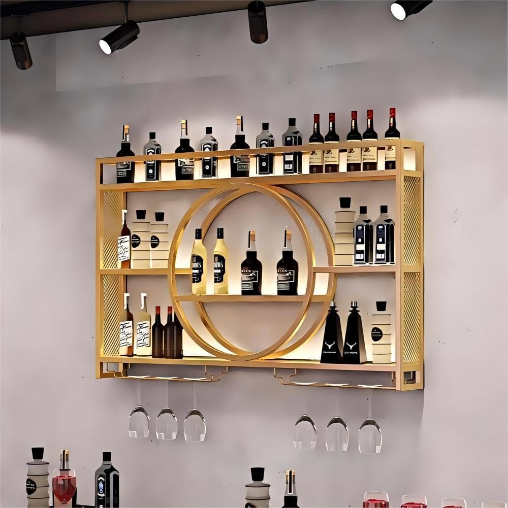 Wall Mounted Wine Rack with Light,3-Tier Metal Wine Bottle Shelf with Wine Glass Holder, Modern Bar Shelves Bar Liquor Bottle Display Shelf Multifunctional Wine Storage Rack for Home Bar (Black, 140)