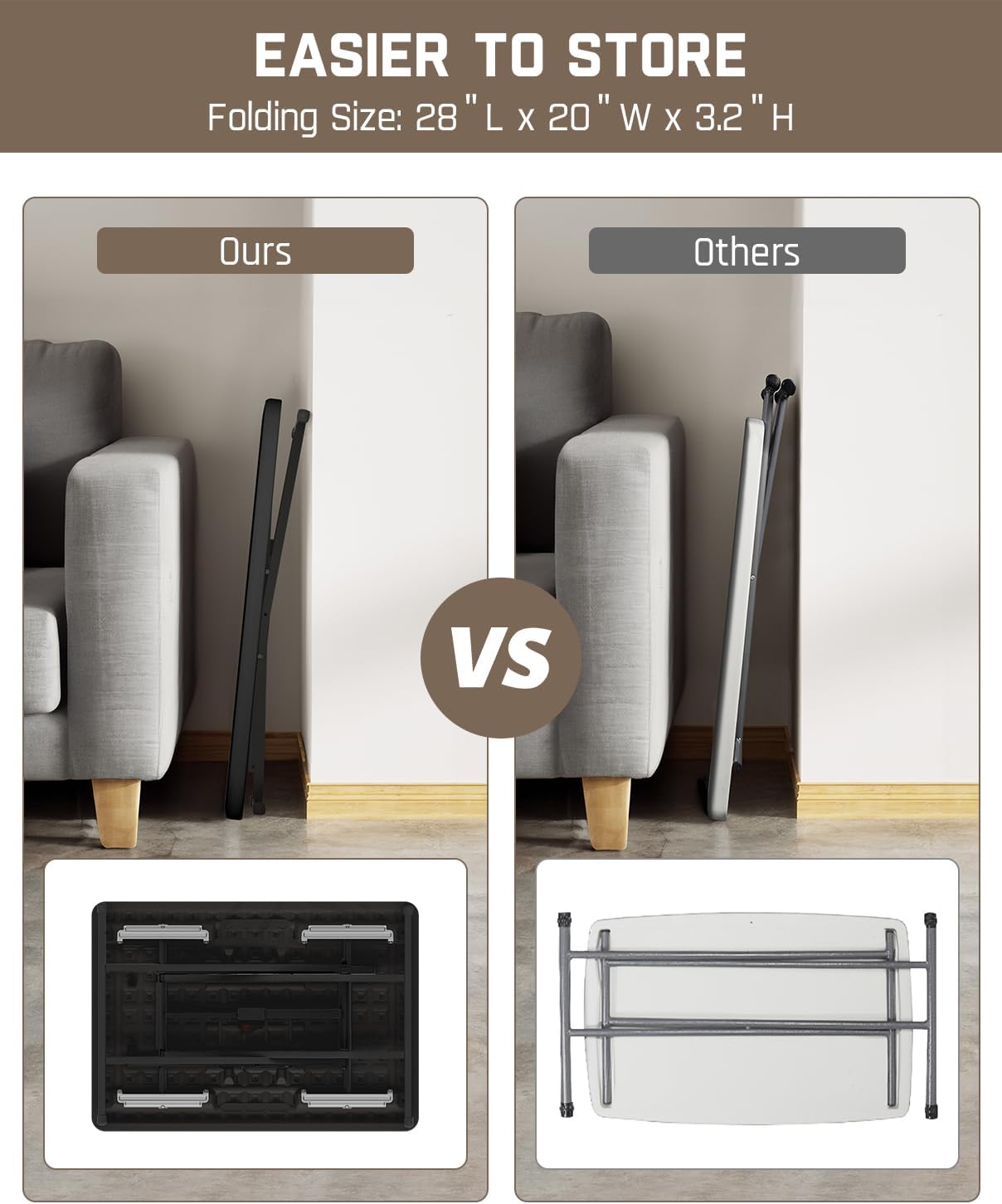 FanttikOutdoor Folding Table 2-Second One-Hand Height Adjustment, 3 Settings, Ultra-Thin 3.2" Fold, No Assembly, TV Tray Laptop Desk 28 inch, 2-Pack, Black Zeta X1 Pro