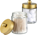 Amolliar 6Pc Apothecary Jars Bathroom Vanity Organizer- Rustic Farmhouse Decor Storage Canister with Stainless Steel Lids- Qtip Dispenser Holder for Q-Tips,Cotton Swabs,Rounds,Ball,Flossers (Gold)