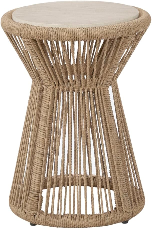 Penau Beige Rope Accent Side Table, Handwrapped Cylindrical Rope Design, Coas...