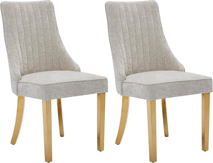 Dining Chairs Set of 2，Modern Channel Tufted Upholstered Dining Chairs with Golden Stainless Steel Legs, Comfortable Chenille Fabric Kitchen Chairs for Dining Room (Beige, 2pc)