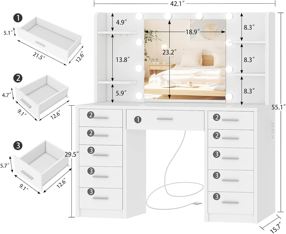 FIONESO Large Vanity Desk with Mirror and Lights, Makeup Vanity with 11 Drawe...