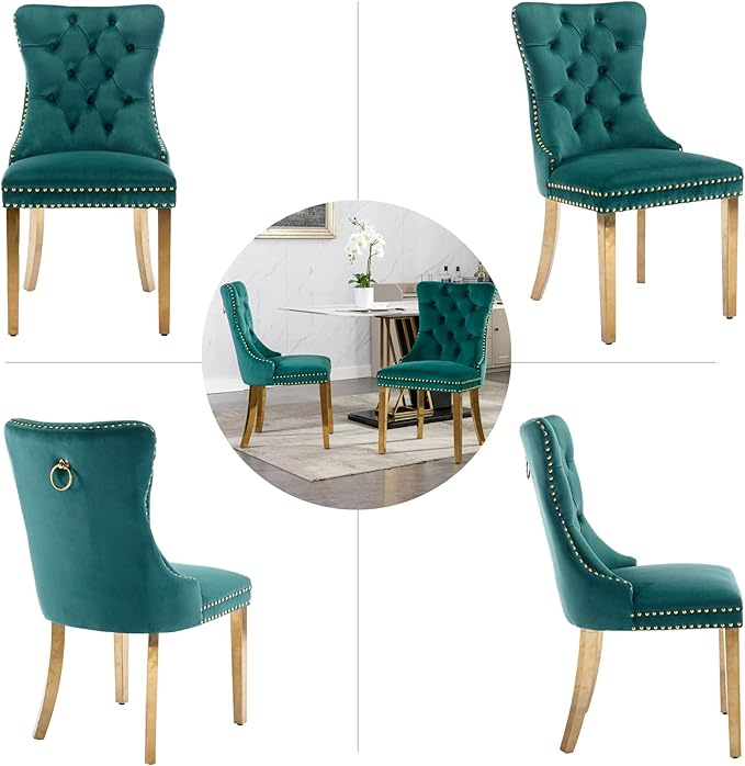 Velvet Dining Room Chairs Set of 4, Upholstered Dining Chairs with Back Ring Pull Trim and Golden Stainless Steel Legs,Modern Dining Chair Perfect for Dining Room,Living Room,Kitchen(Green)