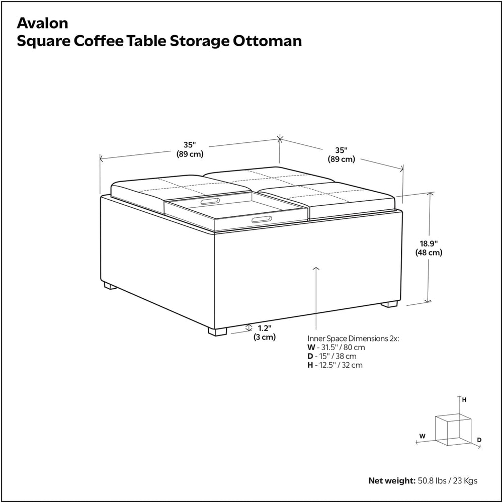 SIMPLIHOME Avalon Wide Contemporary Square Coffee Table Storage Ottoman, Flin...