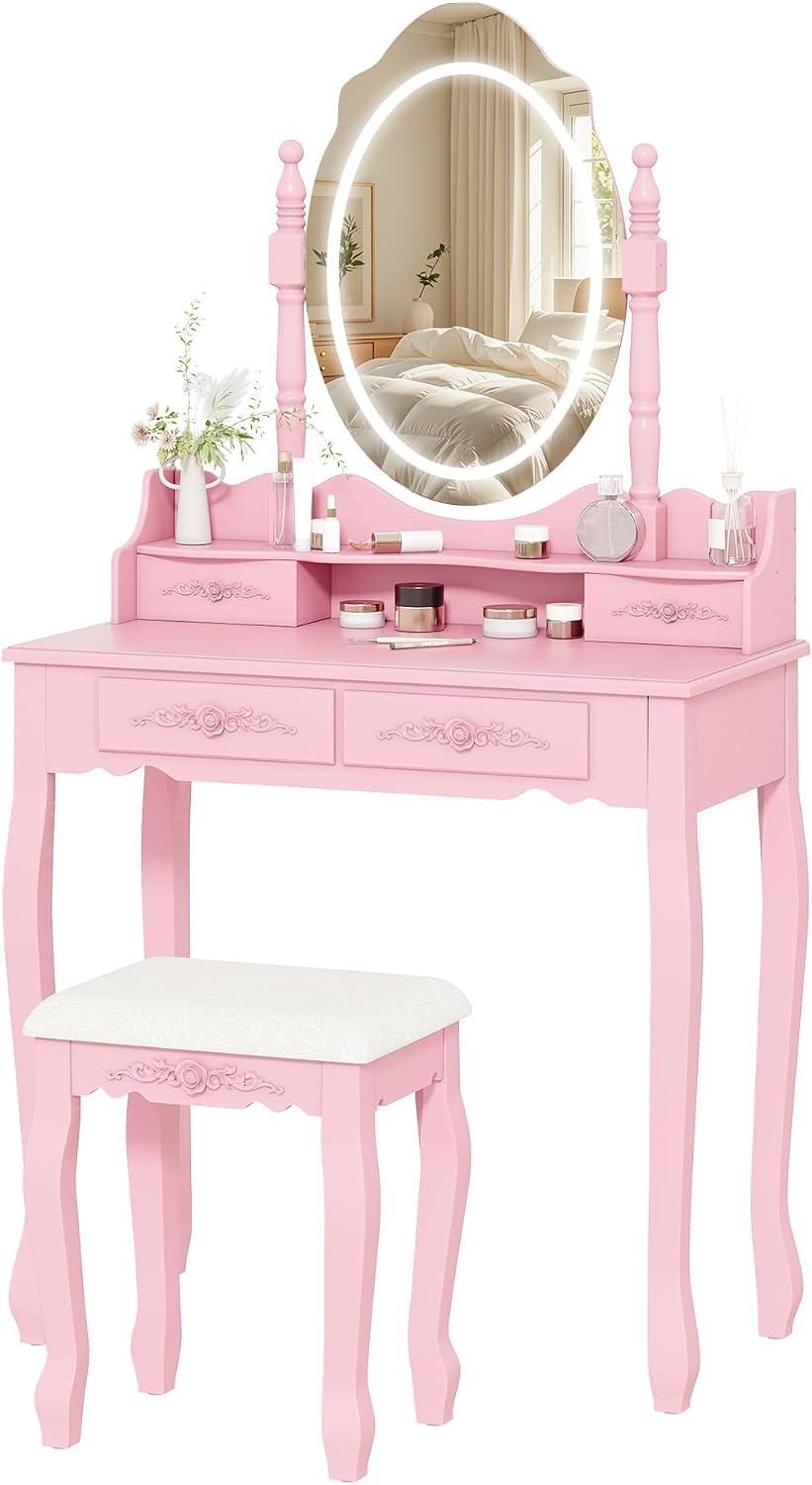 Vanity Desk with Mirror and Lights, Makeup Table with Cushioned Stool Set | M...