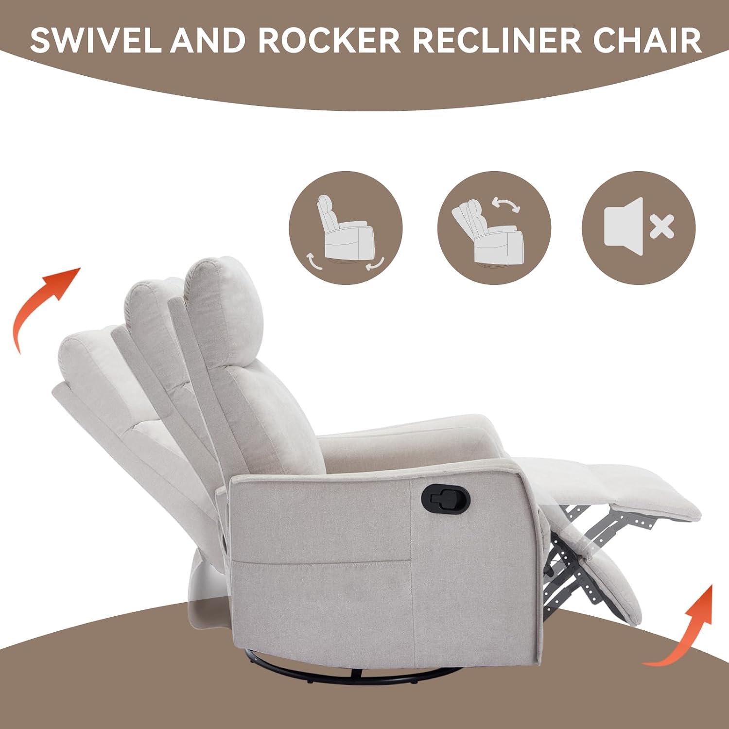 Anwick 360° Swivel Rocker Recliner Chair with Heat and Massage, Manual Upholstered Recliner for Small Spaces, Fabric Glider Nursery Chair with Side Pockets for Living Room (Beige)