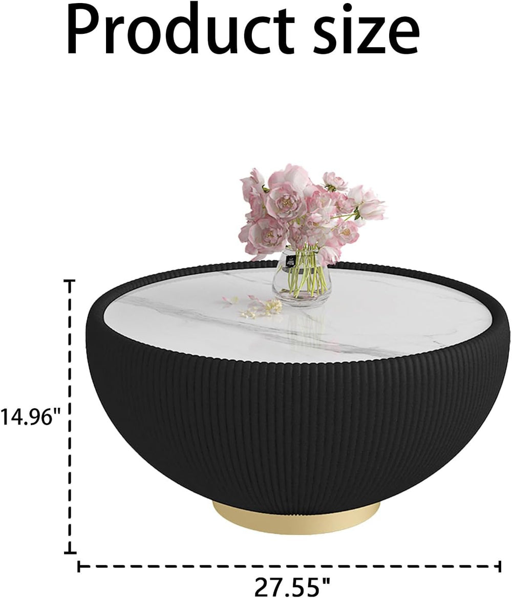 27.55" Black Round Coffee Table, Drum Coffee Table with Sintered Stone T...