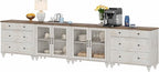 WAMPAT Modern TV Stand for TVs up to 110 inch, 4 in 1 Entertainment Center with Storage Cabinets and 4 Glass Door, Media Console with 6 Drawer Dresser for Living Room, Rustic White