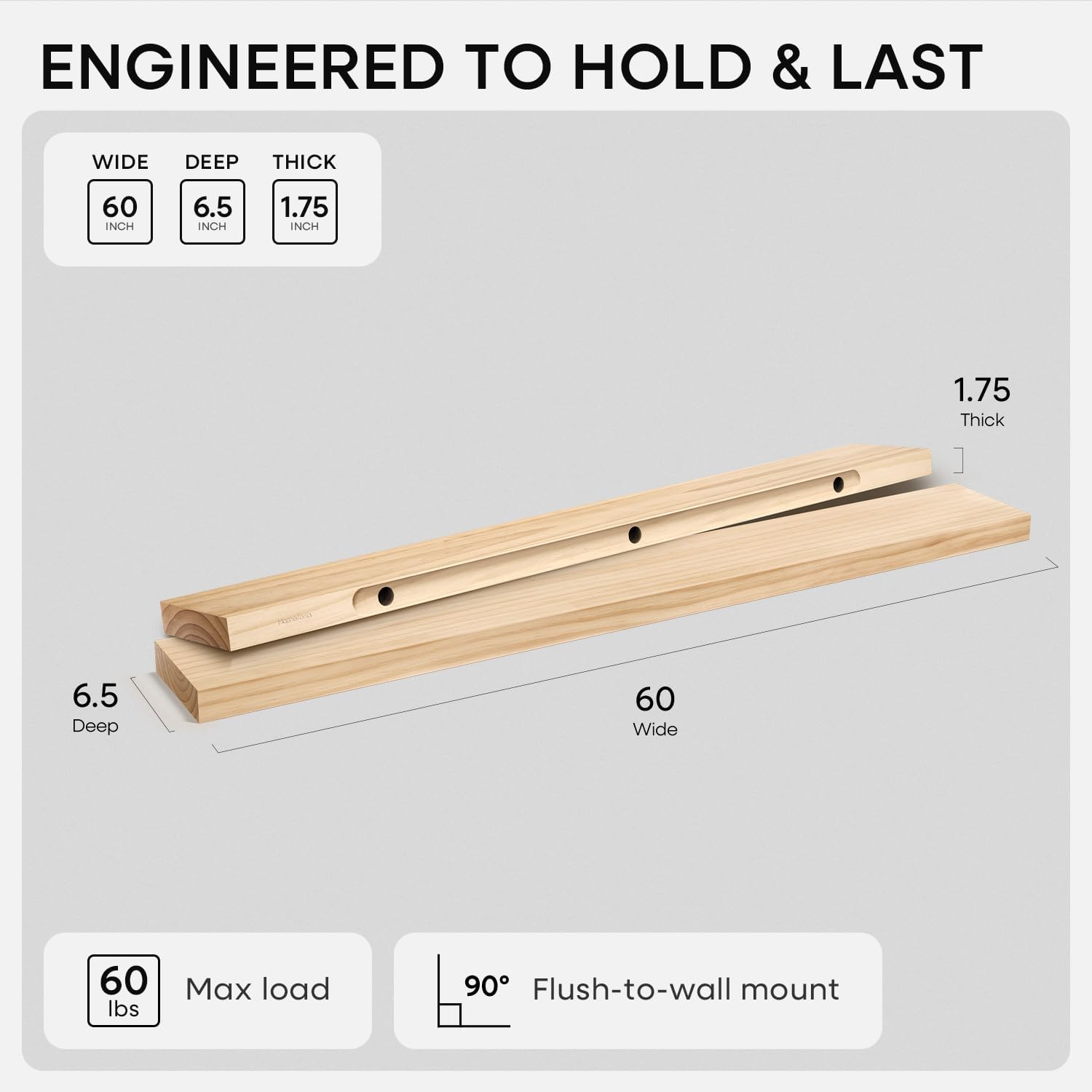 Homeforia 60 inch Natural Floating Shelf, High End Solid Real Wood 60inch Small Floating Shelves for Wall Mounted, Natural Wooden Floating Shelves, Heavy Duty Bracket, 60 X 6.5 X 1.75 in, Set of 3