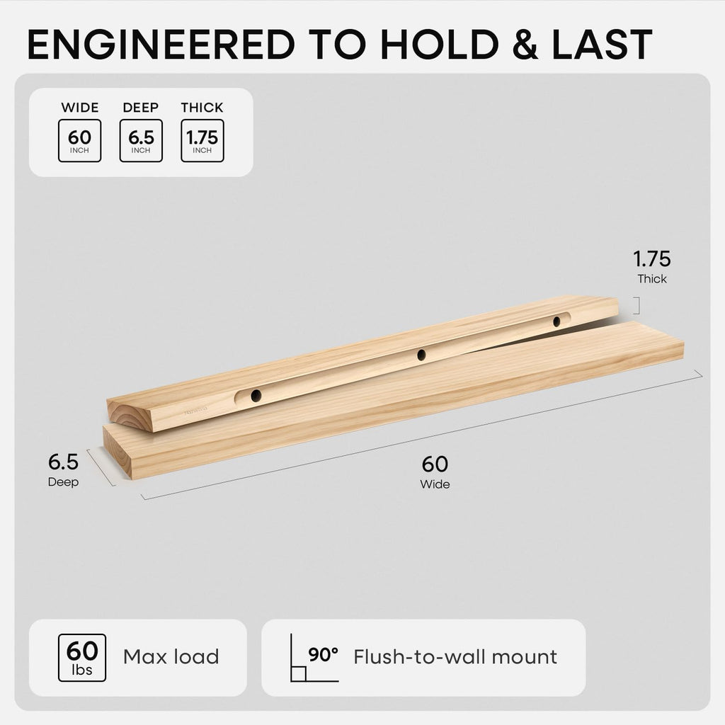 Homeforia 60 inch Natural Floating Shelf, High End Solid Real Wood 60inch Small Floating Shelves for Wall Mounted, Natural Wooden Floating Shelves, Heavy Duty Bracket, 60 X 6.5 X 1.75 in, Set of 2