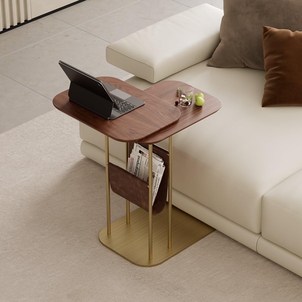 LOVEDIMA C-Shaped Walnut & Gold Rotating Side Table with Storage - 360° S...