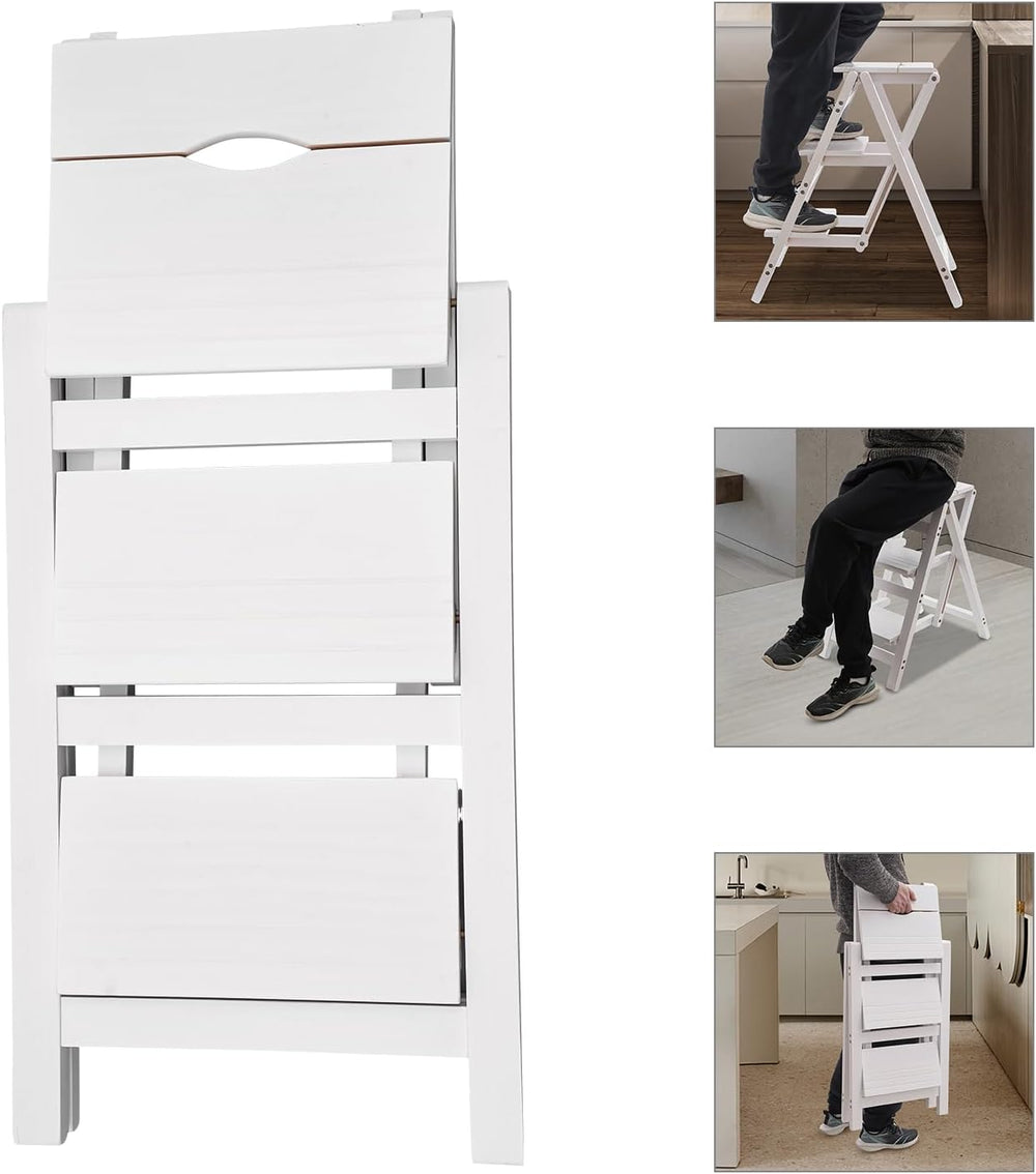 Folding Step Stool 3-Step Chair Ladder Multi-Functional Folding Solid Wood La...