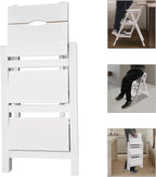 Folding Step Stool 3-Step Chair Ladder Multi-Functional Folding Solid Wood Ladder Stool Portable Wooden Step Stool for Household Kitchen and Office 220.46lbs, White