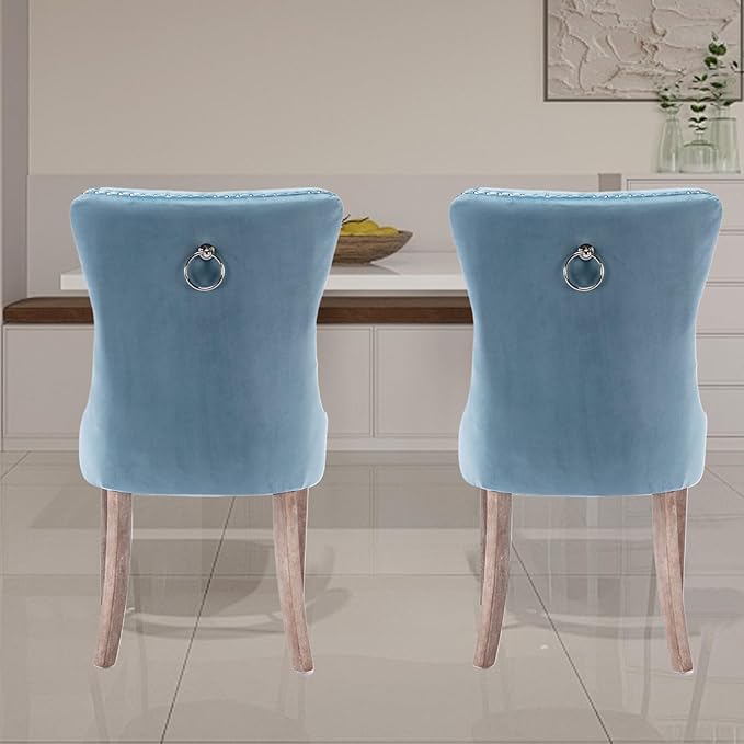 Velvet Upholstered Dining Chairs Set of 6, Modern Style Kitchen Side Chairs with Nailhead Trim and Wood Legs,Metal Pulling Ring for Dining Room Living Room(Sky Blue,Set of 6)