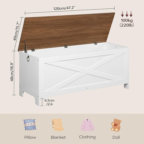 47.2" Toy Chest, Sturdy Entryway Storage Chest with Safety Hinge, Retro Toy Box, Wooden Look Accent Furniture for Living Room, Bedroom, White+Walnut SCBZ48801