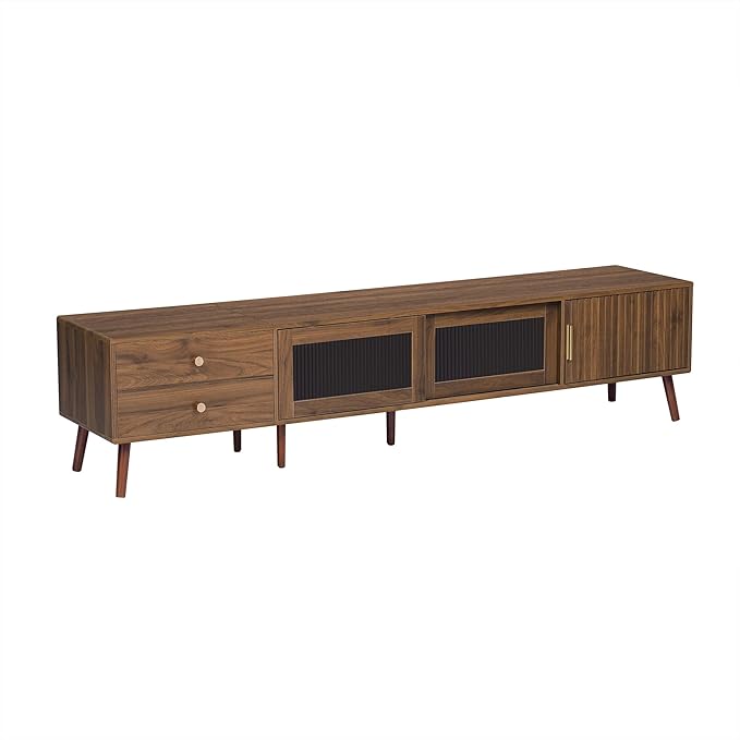Marzzi Mid-Century Modern TV Stand for 85 inches TV, 76" Media Console with Fluted Cabinet Door, Sliding Glass Doors, and 2 Drawers, Entertainment Center with Storage, Solid Wood Legs
