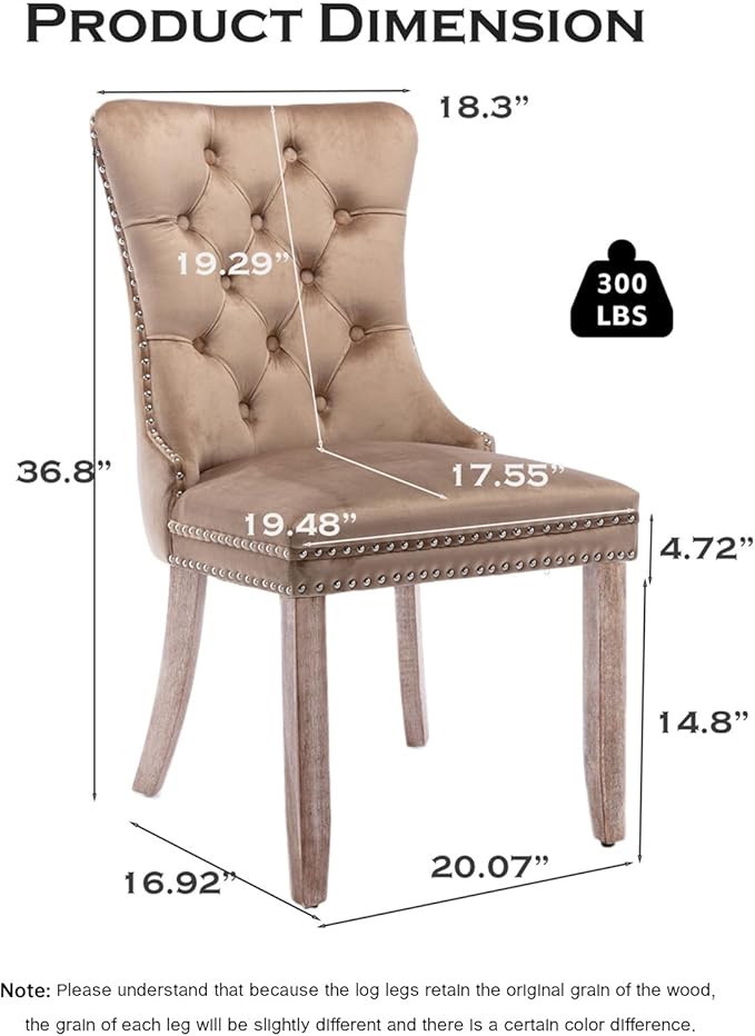 Velvet Upholstered Dining Chairs Set of 6, Modern Style Kitchen Side Chairs with Nailhead Trim and Wood Legs,Metal Pulling Ring for Dining Room Living Room(Khaki,Set of 6)