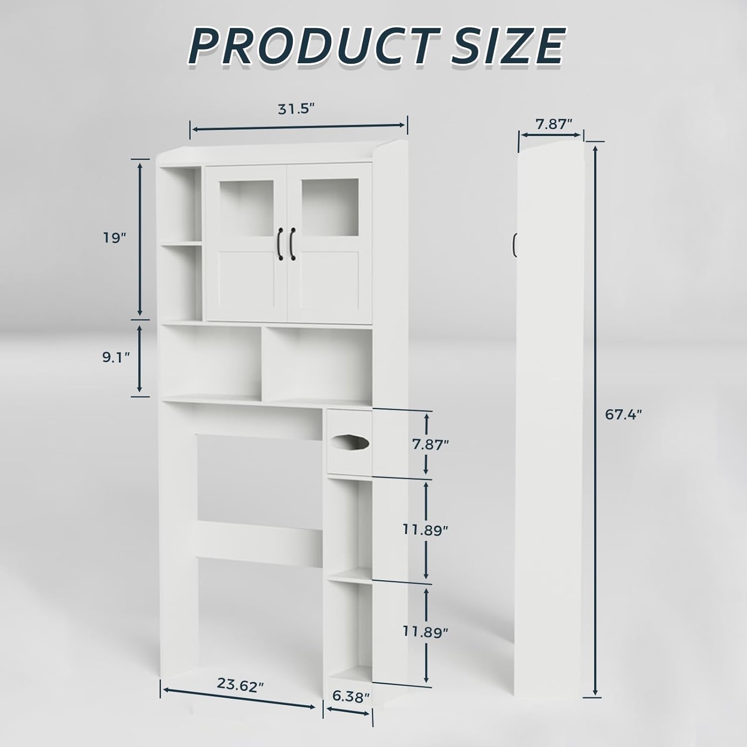 Over Toilet Storage Cabinet, 67 Inch Wall Mounted Tall Cabinet, Freestanding Bathroom Organizer Shelf for Bathroom, Restroom, Laundry, White