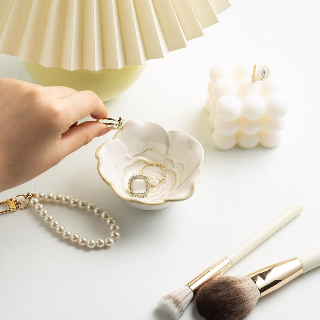 Mecaikru Ceramic Flower Jewelry Dish, 3.5 in Ring Tray with Gift Box & Card | Open flower shape keeps rings, earrings and necklaces visible while making items easy to pick up.