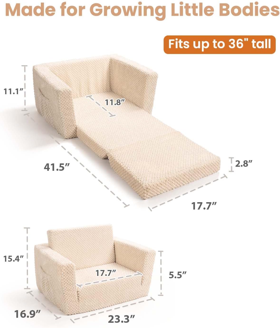 Sherpa Kids Couch, 2-in-1 Fold-Out Comfy Chair for 3+ Years Old, Beige | Potrable Handle & Pocket for Reading, Napping and Playroom