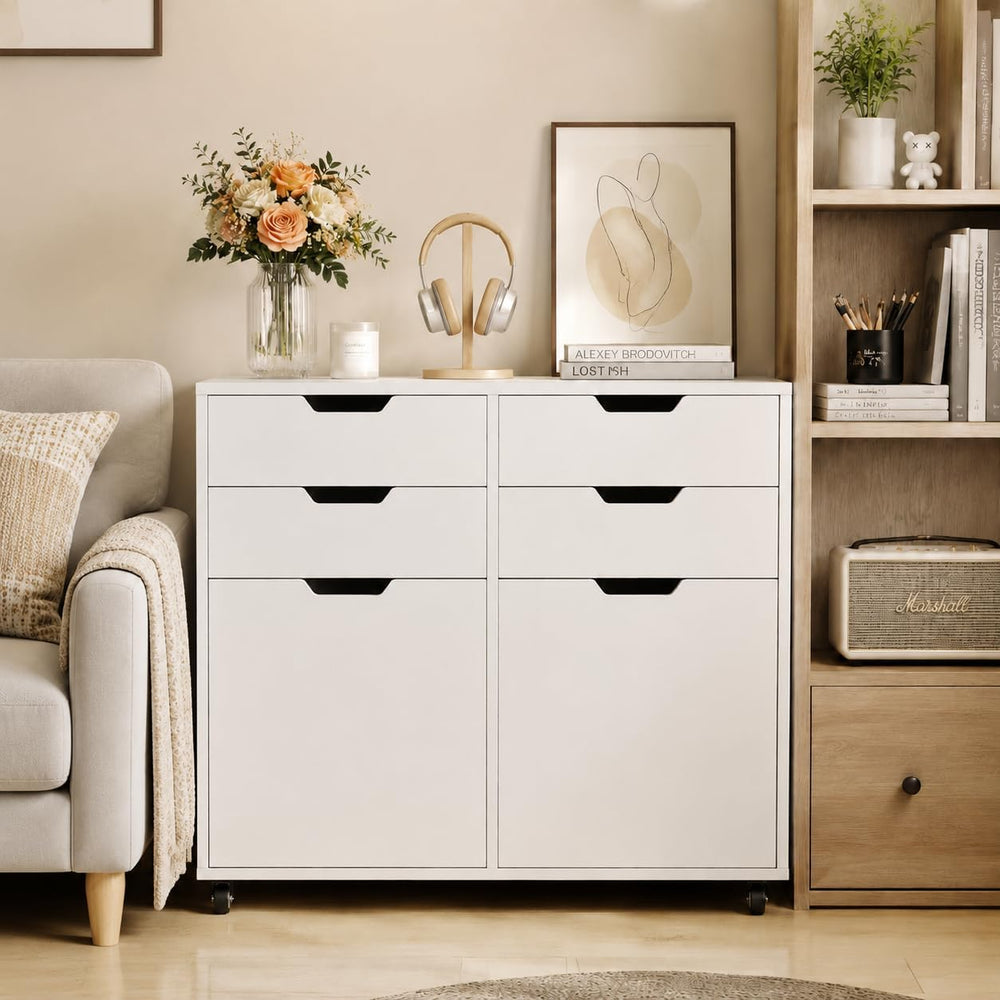 POWERSTONE Mobile File Cabinet with 4 Drawers & 2 Door, Rolling Under Des...