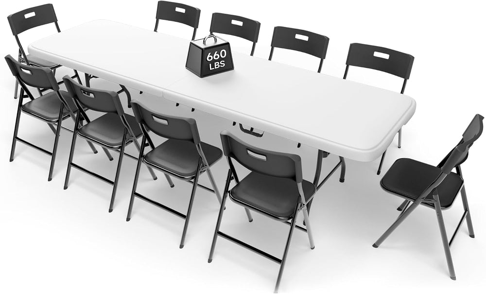 8FT Folding Table Set with 10 Chairs – Heavy-Duty 660 lb Table & 330 lb C...
