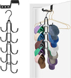 Hat Rack for Door, Collapsible Over The Door Hat Organizer with 10 Large Hooks, Holds 40 Baseball Caps, Rotatable Metal Space Saving Caps Hanger for Display and Storage, Black