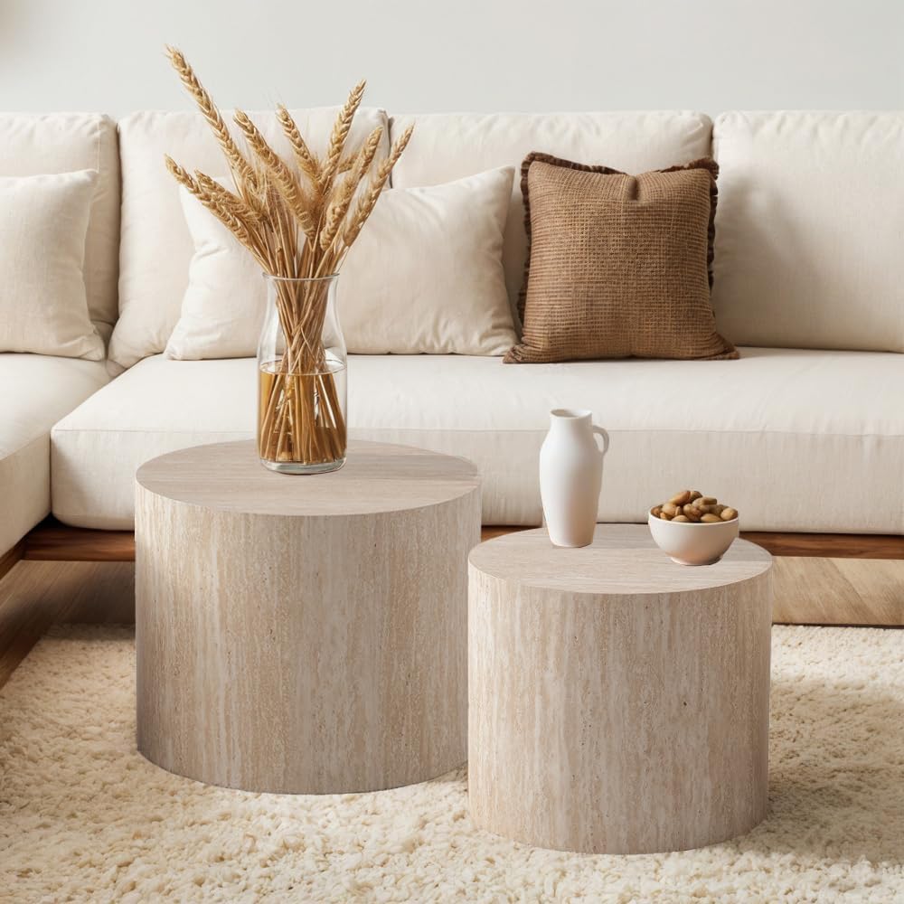 18" Round Travertine Nesting Coffee Table Set of 2 (Travertine) | for Li...