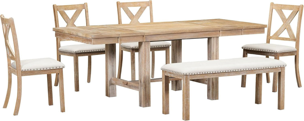RuiSiSi 6 Piece Solid Wood Dining Table Set, Farmhouse Extendable Kitchen Tab...